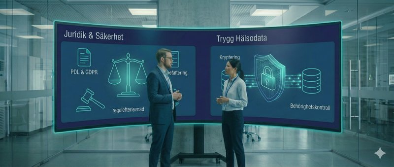 Två personer diskuterar framför skärm om juridik, säkerhet och GDPR för trygg hälsodata