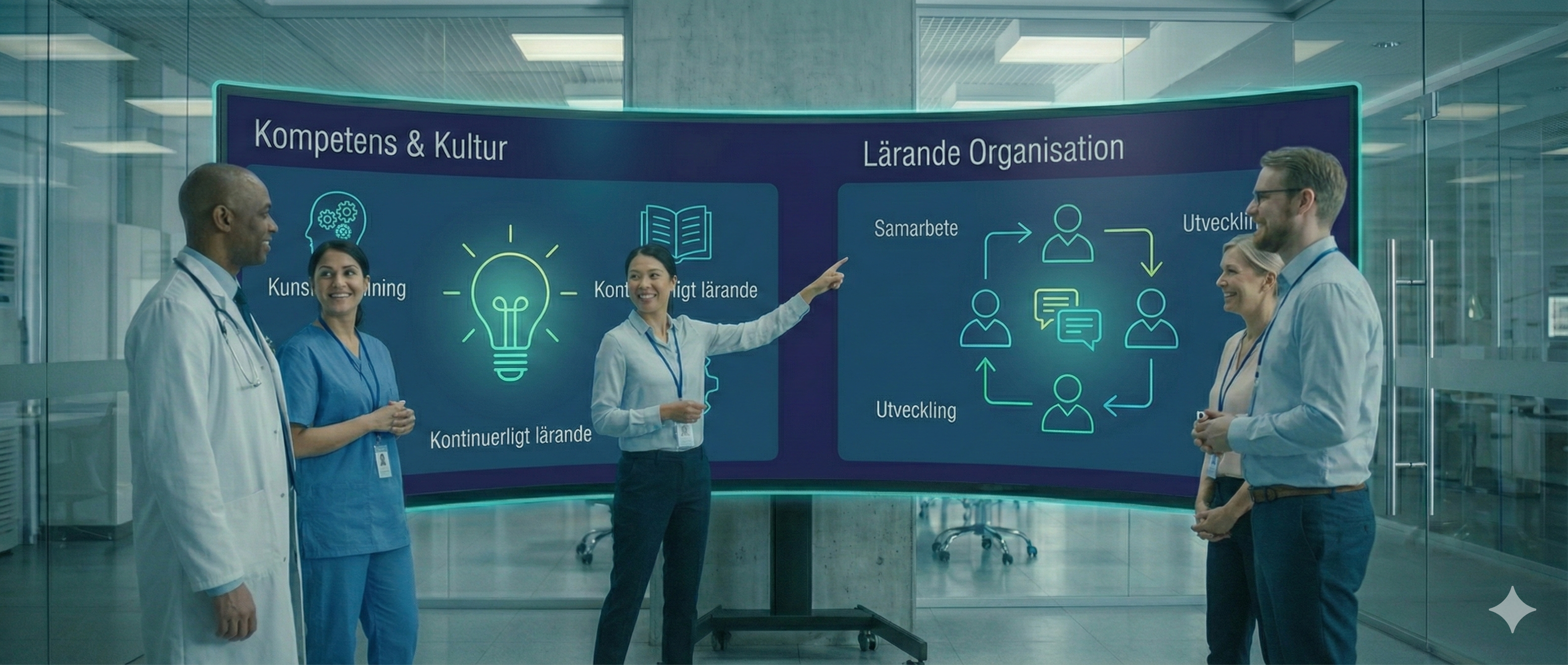 Vårdteam ser presentation om kompetens, kultur och lärande organisation med ikoner för samarbete och utveckling