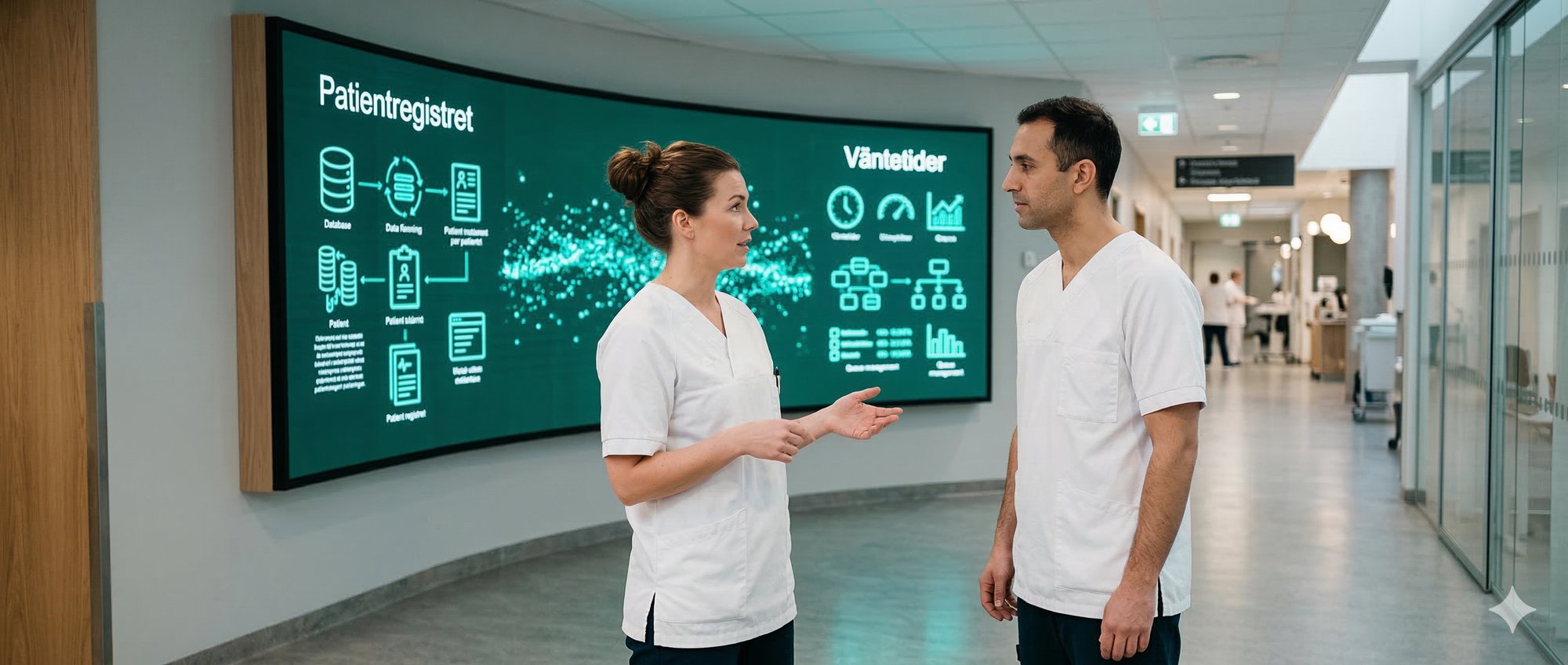 Två vårdpersonal diskuterar framför skärm som visar Patientregistret och Väntetider