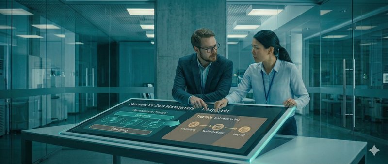 Två personer granskar digital display med Ramverk för Data Management och dataflödesdiagram