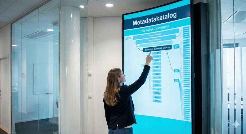 Kvinna pekar på skärm med metadatakatalog som visar hierarki över tillgängliga datamängder