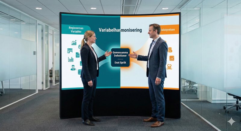 Två personer framför skärm som visar variabelharmonisering mellan regioner med gemensamma definitioner